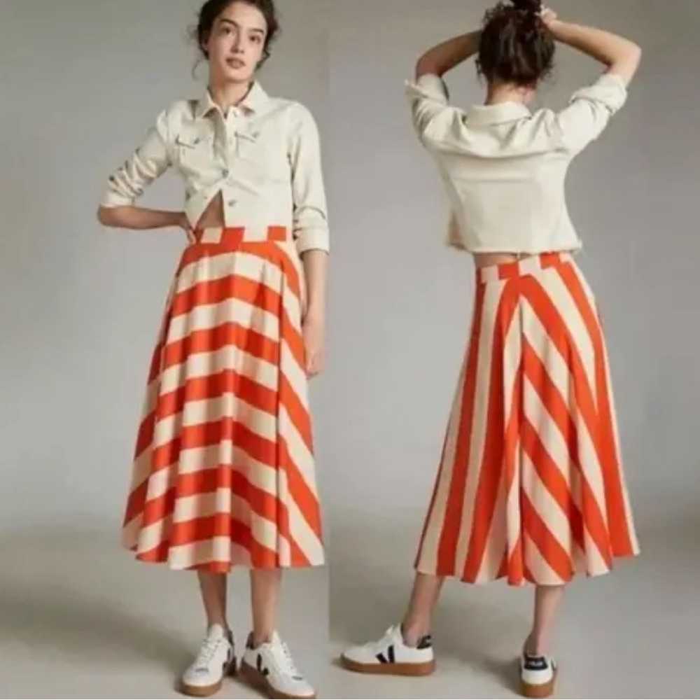 Anthropologie Mare Mare Ilsa Orange and White Striped Midi Skirt